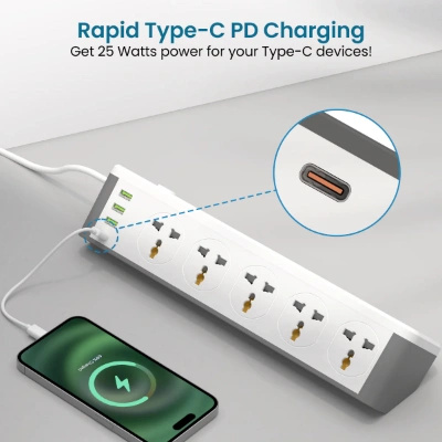 Portronics Power Plate 14 Extension Board with 10 Universal Sockets, 25W Type-C PD, 3 USB Charging Ports, 3 Meter Long Cord, 2500 Watts, 2.1 Amp USB Output, Multi Plug for Home Appliances (White)