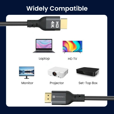 Portronics Konnect Stream 4K@60Hz HDMI to HDMI Cable, Flexible Premium 5M Length with Support eARC and Compatible with Smart HDTV, Laptop, Monitor, Projector, eARC enable Soundbar(Grey) Portronics Konnect Stream 4K@60Hz HDMI to HDMI Cable, Flexible Premium 5M Length with Support eARC and Compatible with Smart HDTV, Laptop, Monitor, Projector, eARC enable Soundbar(Grey)
