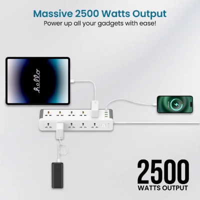 Portronics Power Plate 14 Extension Board with 10 Universal Sockets, 25W Type-C PD, 3 USB Charging Ports, 3 Meter Long Cord, 2500 Watts, 2.1 Amp USB Output, Multi Plug for Home Appliances (White)