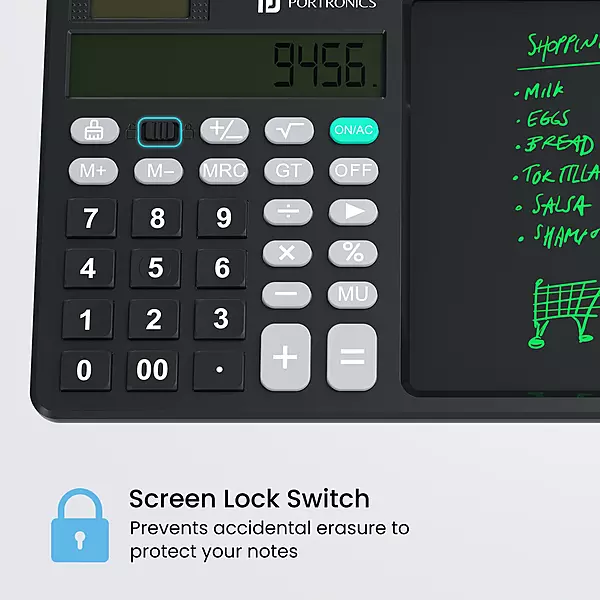 Portronics Ruffpad Calc – A sleek device merging calculator and LCD writing pad. Ideal for students, professionals, quick notes, calculations.