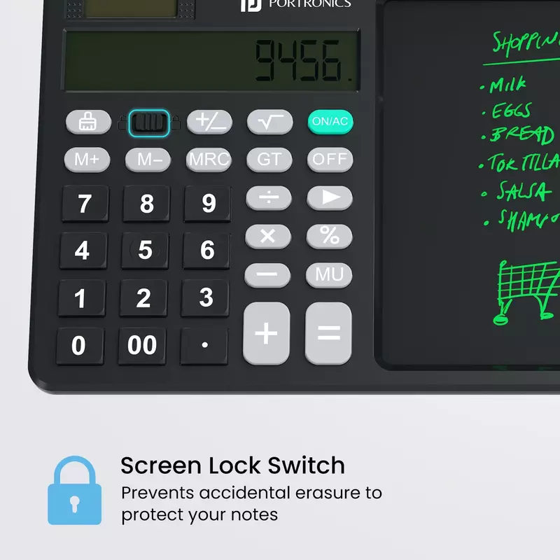 Portronics Ruffpad Calc – A sleek device merging calculator and LCD writing pad. Ideal for students, professionals, quick notes, calculations.