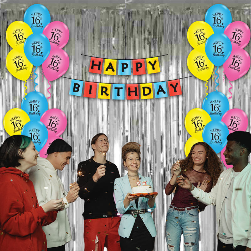 The Magic Balloon- Make Your 16th Birthday Unforgettable With Our Combo Kit Featuring 15 Balloons, 1 Curtain, and 1 Banner.