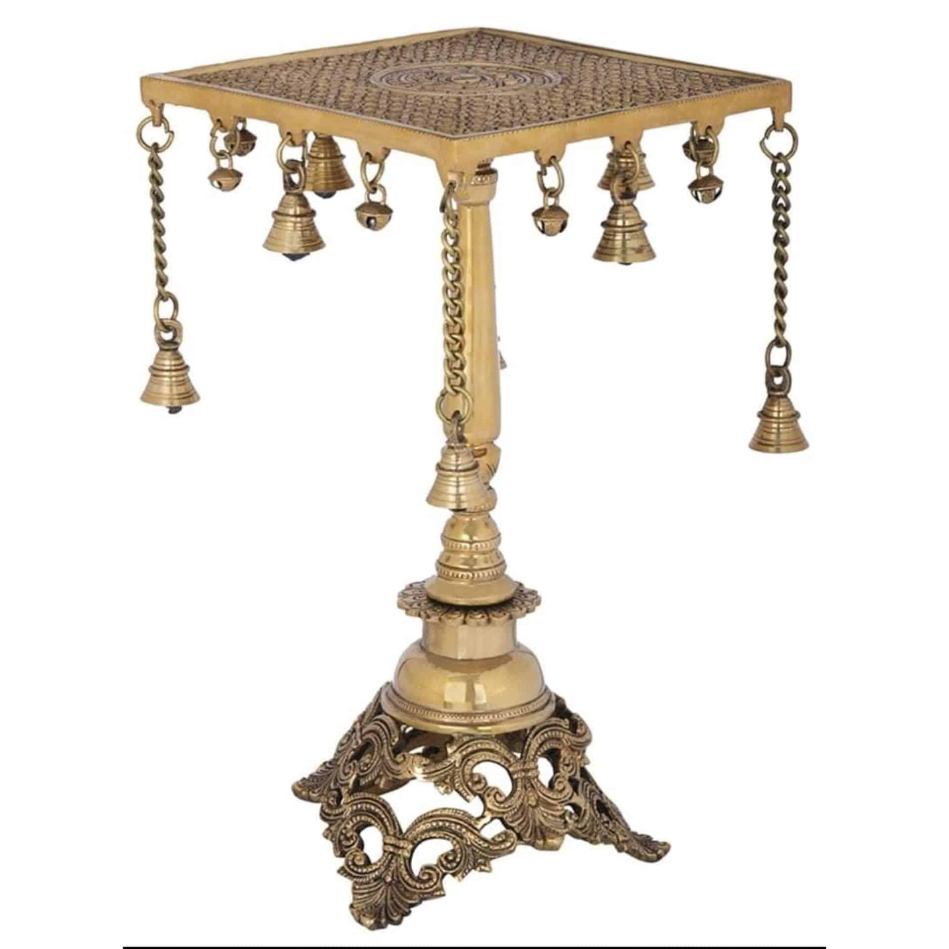 Brass Stool with Hanging Bells - 15.5 inch Height | Traditional Brass Stool with Delicate Hanging Bells