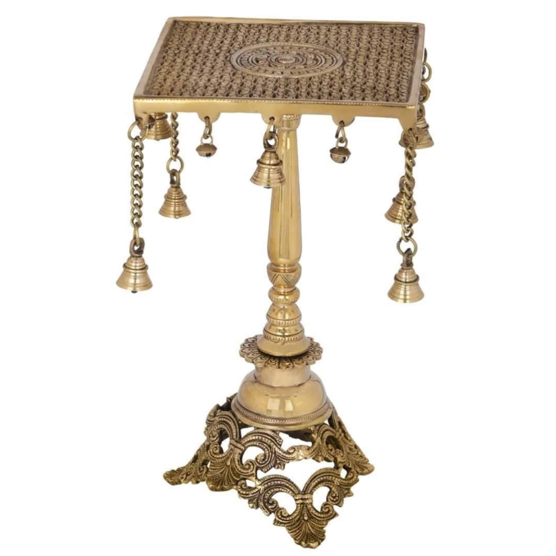 Brass Stool with Hanging Bells - 15.5 inch Height | Traditional Brass Stool with Delicate Hanging Bells