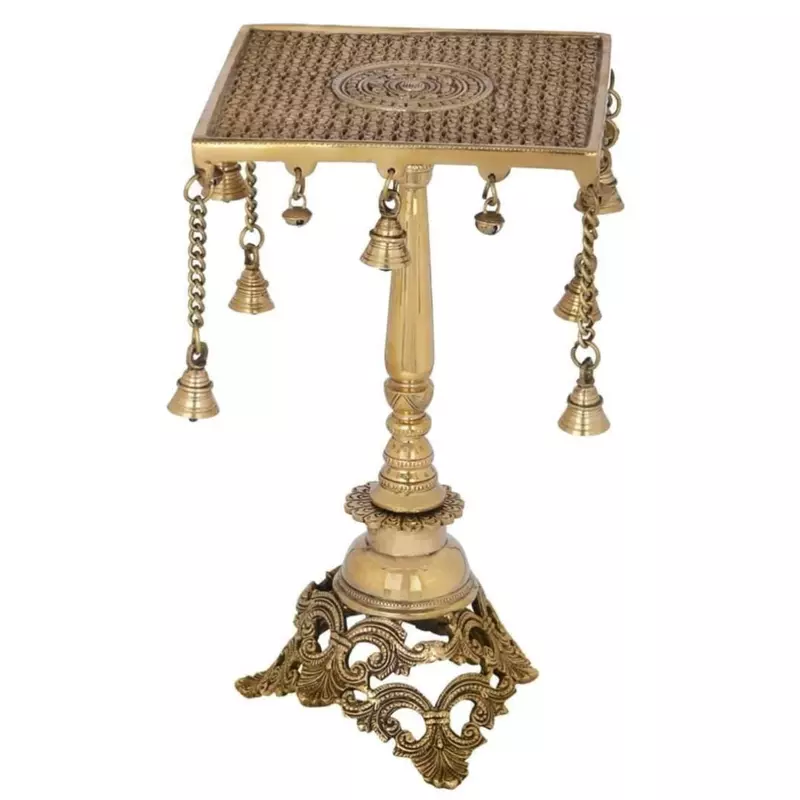 Brass Stool with Hanging Bells - 15.5 inch Height | Traditional Brass Stool with Delicate Hanging Bells