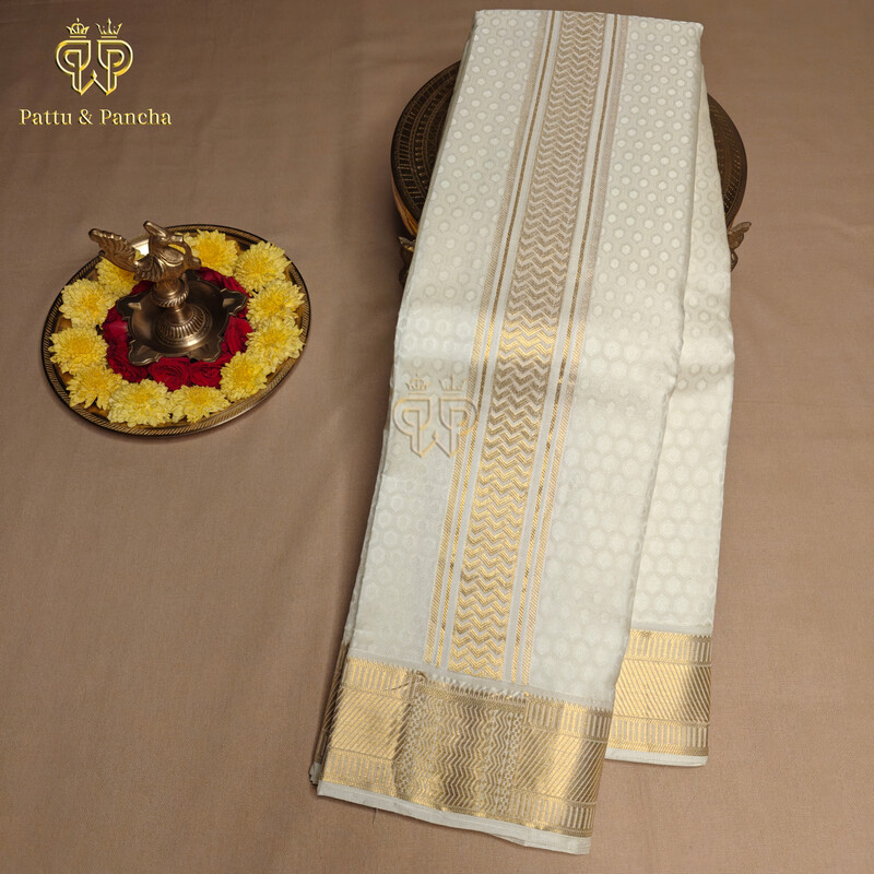 Pure Silk Brocade Dhoti Half White