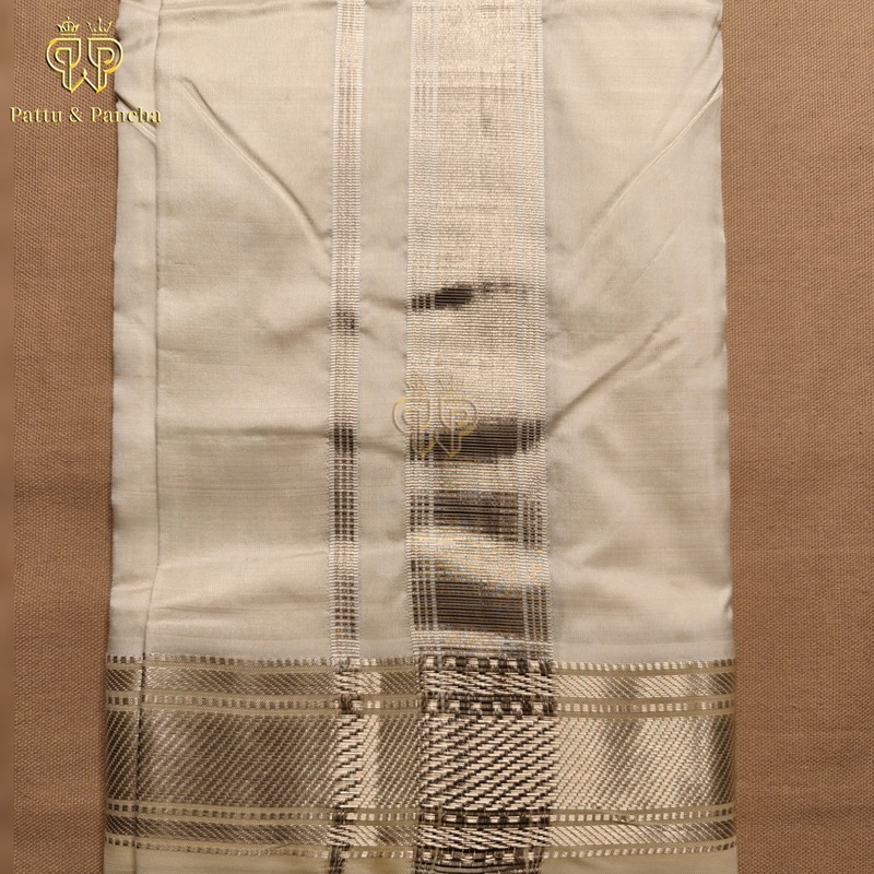 Pure Silk Off White Dhoti with Silver Zari Border