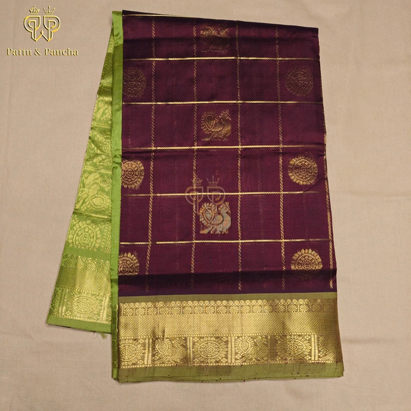 Silk cotton Wine Brown - green checks