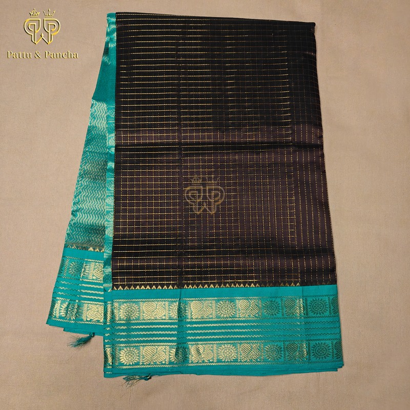Silk cotton Black - Teal Small checks