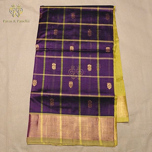 Silk cotton Purple checks - Mustard green