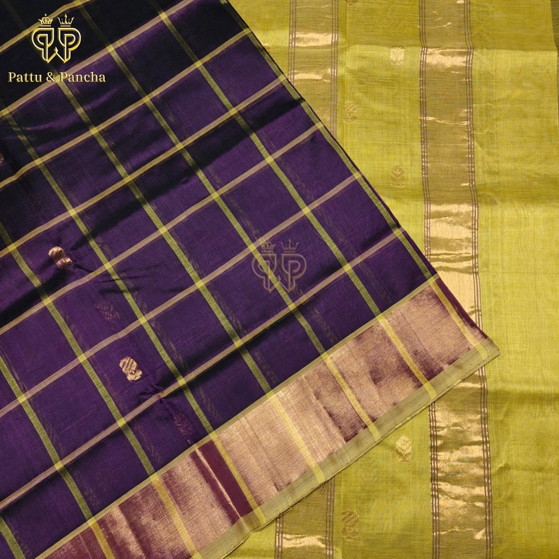 Silk cotton Purple checks - Mustard green