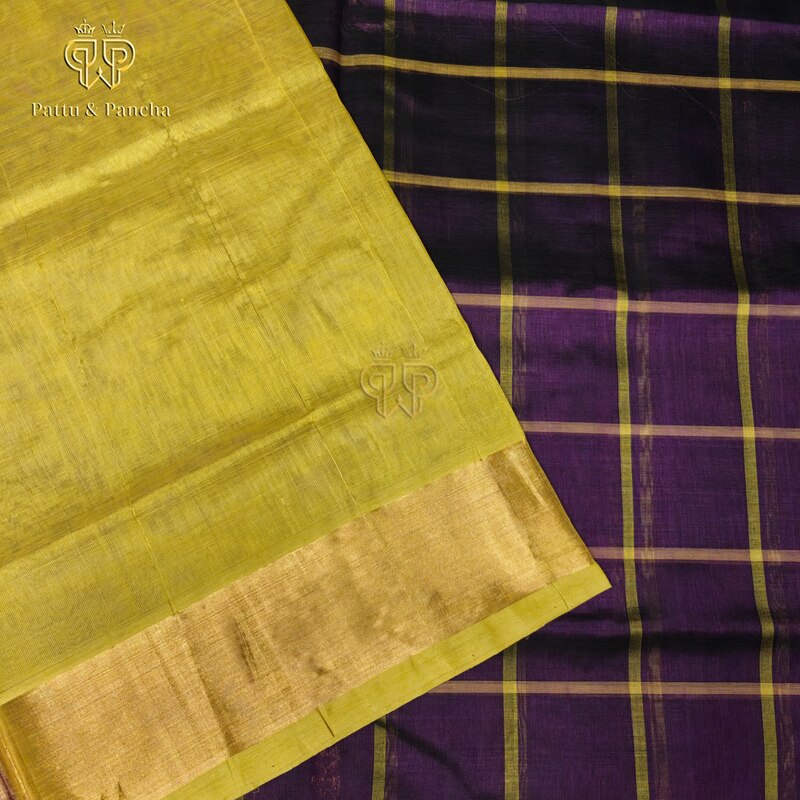 Silk cotton Purple checks - Mustard green