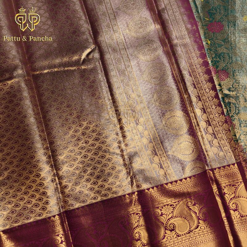 Semi Silk Tissue Aqua Blue Floral Brocade Saree with Purple Zari Border