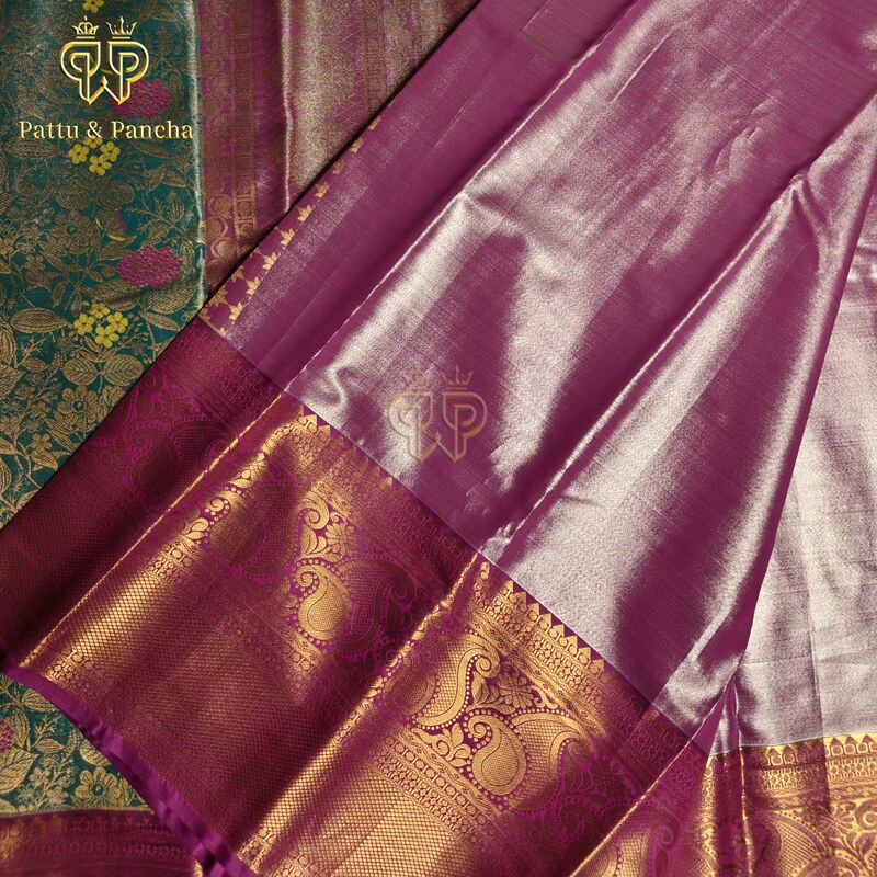 Semi Silk Tissue Aqua Blue Floral Brocade Saree with Purple Zari Border