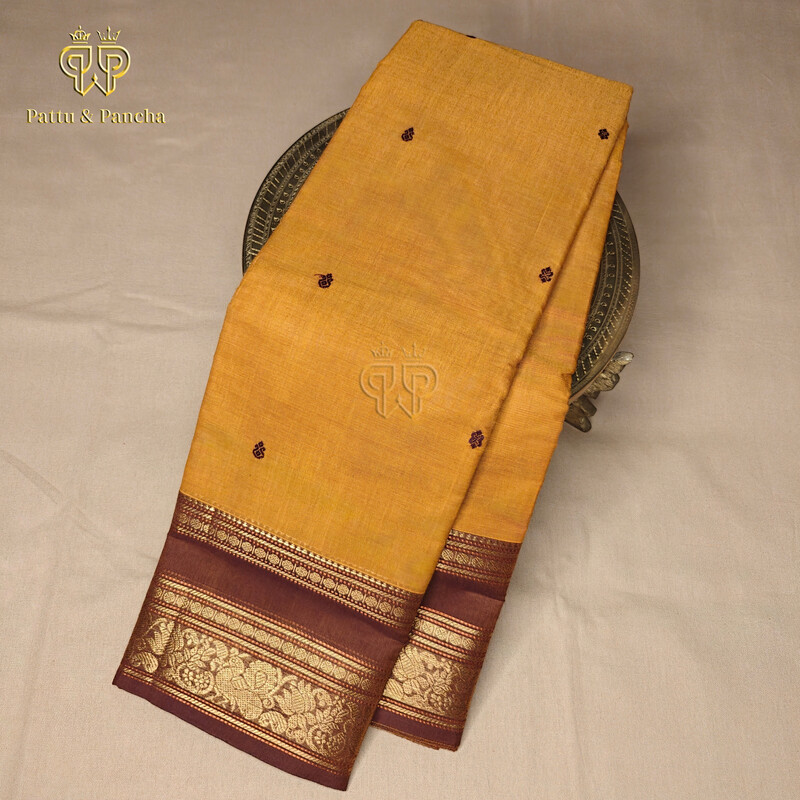 Kanchi cotton butta Mustard Coffee Brown