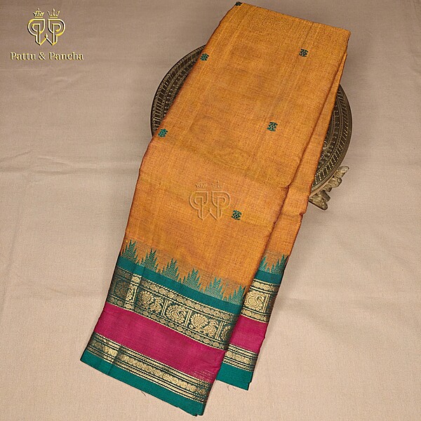 Kanchi cotton butta Mustard Green Pink