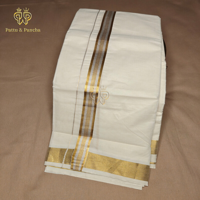 Kasavu Cotton Dhoti Off-White with Gold & Silver Zari Border