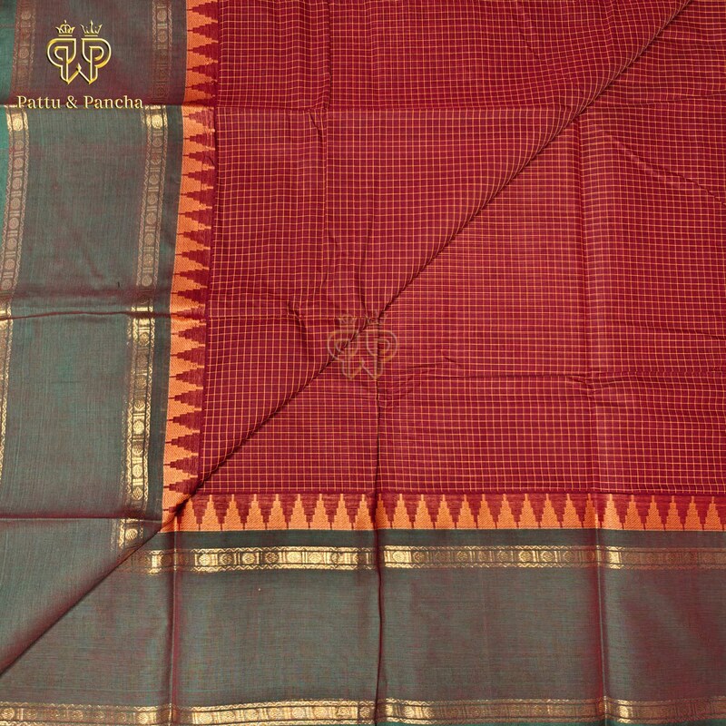 Kanchi Cotton Maroon saree with golden checks and Green temple zari border