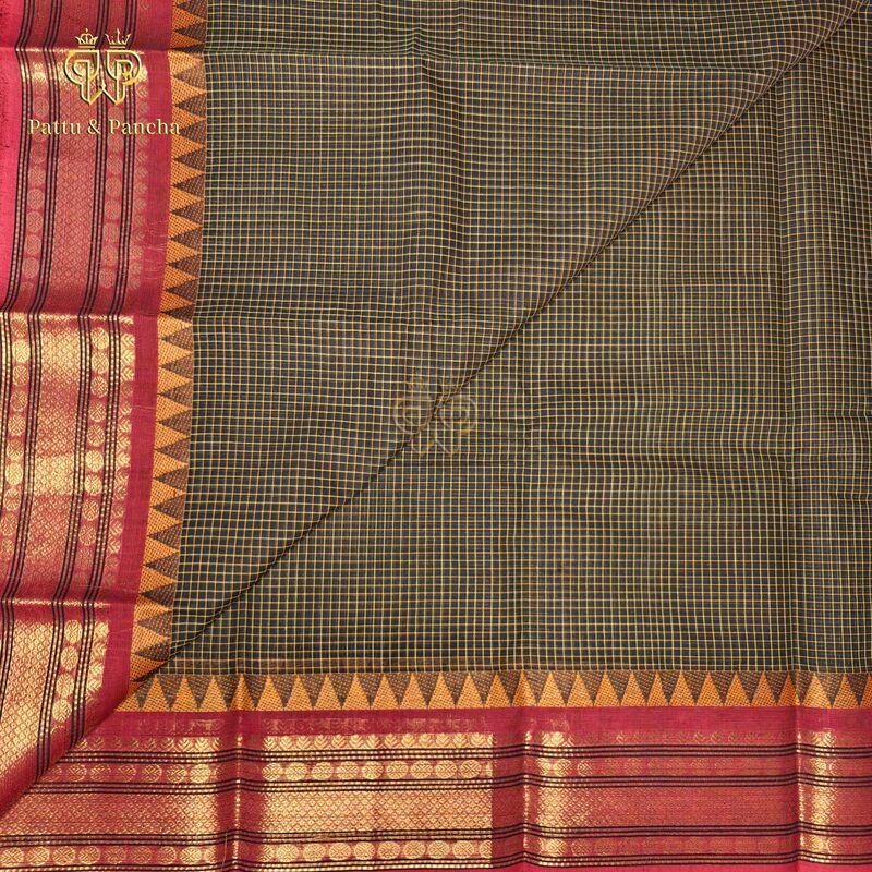 Kanchi Cotton Black saree with mustard checks and maroon temple zari border