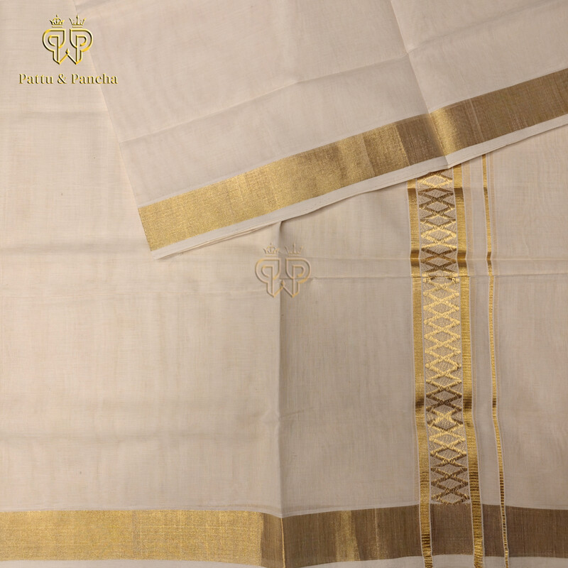 Kasavu Cotton Dhoti Off-white with Diamond Design and Gold Zari Border