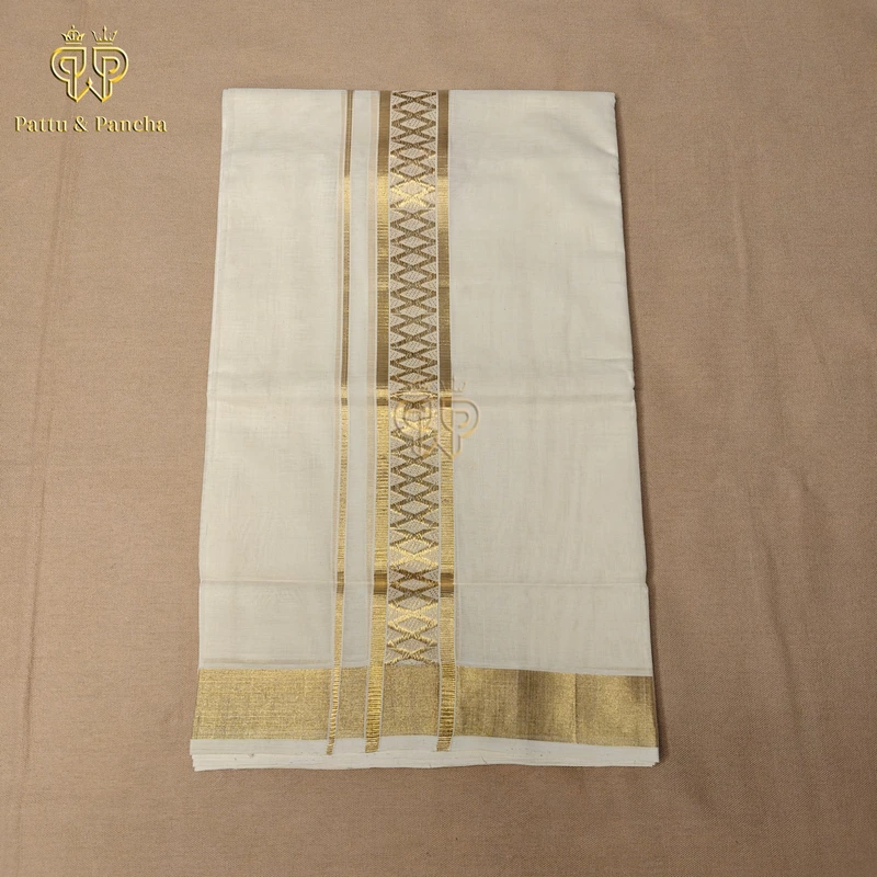 Kasavu Cotton Dhoti Off-white with Diamond Design and Gold Zari Border