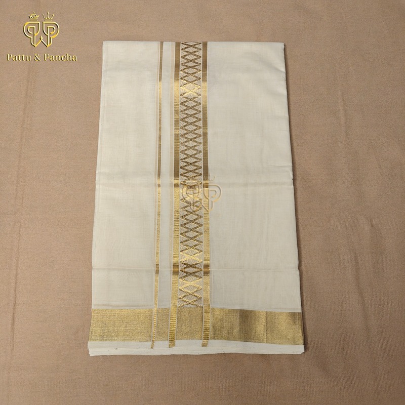 Kasavu Cotton Dhoti Off-white with Diamond Design and Gold Zari Border