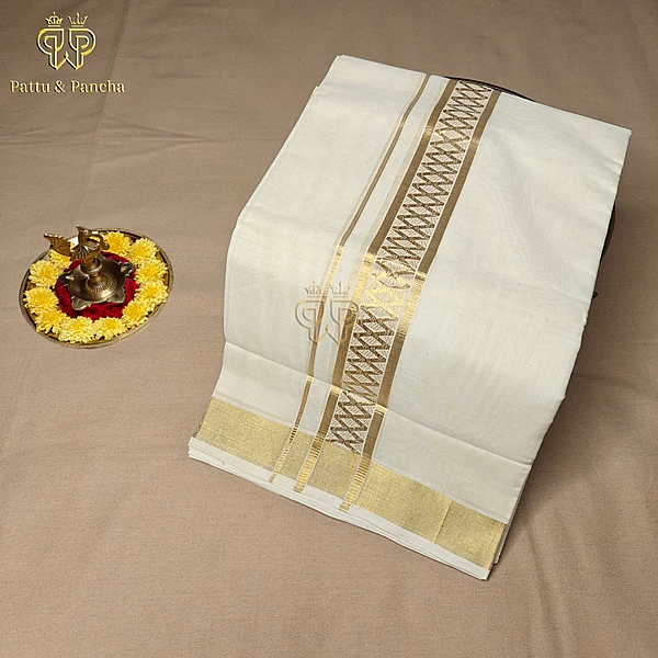 Kasavu Cotton Dhoti Off-white with Diamond Design and Gold Zari Border