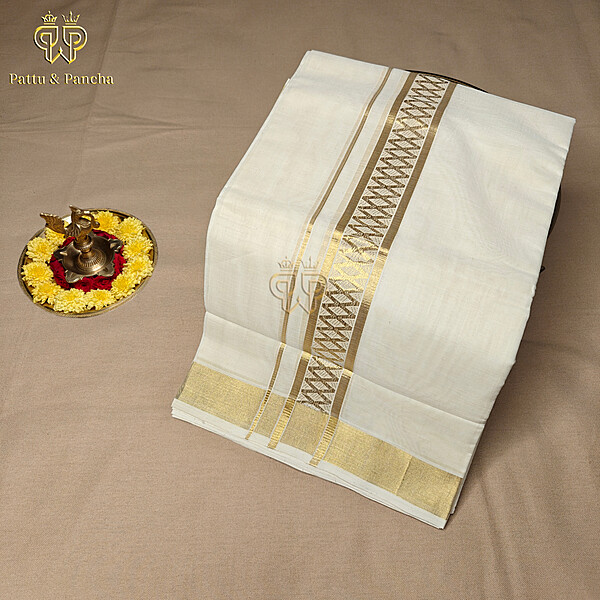 Kasavu Cotton Dhoti Off-white with Diamond Design and Gold Zari Border