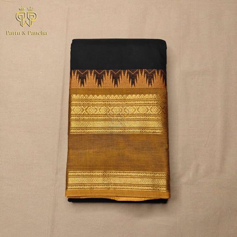 Kanchi Cotton Black and Mustard with Temple Zari Border