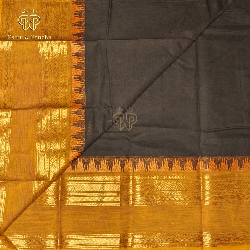 Kanchi Cotton Black and Mustard with Temple Zari Border