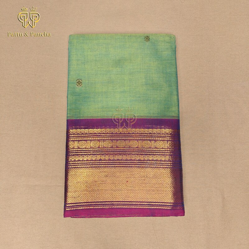 Kanchi Cotton Aqua Green Saree with Zari Buttas and Purple Gold Zari Border