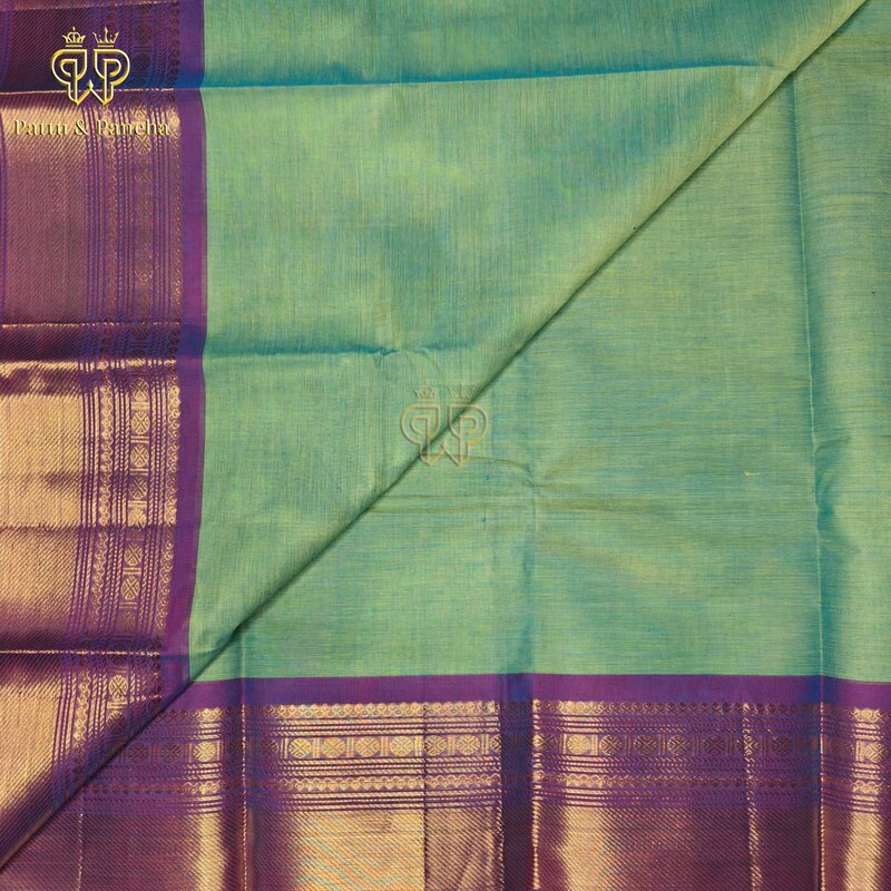 Kanchi Cotton Aqua Green Saree with Zari Buttas and Purple Gold Zari Border