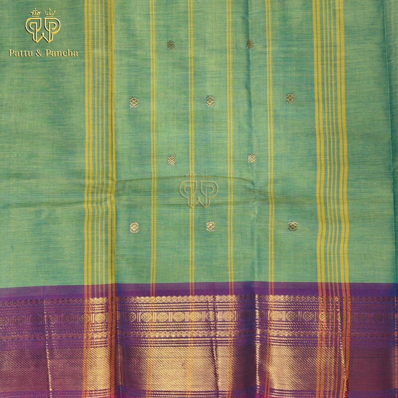 Kanchi Cotton Aqua Green Saree with Zari Buttas and Purple Gold Zari Border