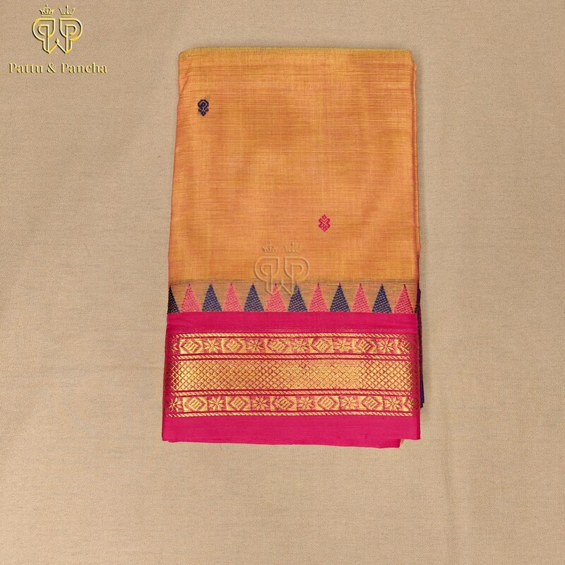 Kanchi Cotton Orange Saree with Buttas and Pink and Violet Border