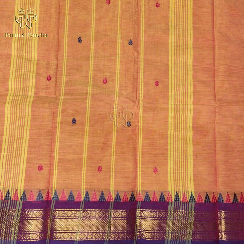 Kanchi Cotton Orange Saree with Buttas and Pink and Violet Border