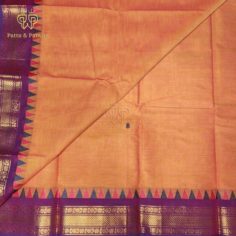 Kanchi Cotton Orange Saree with Buttas and Pink and Violet Border