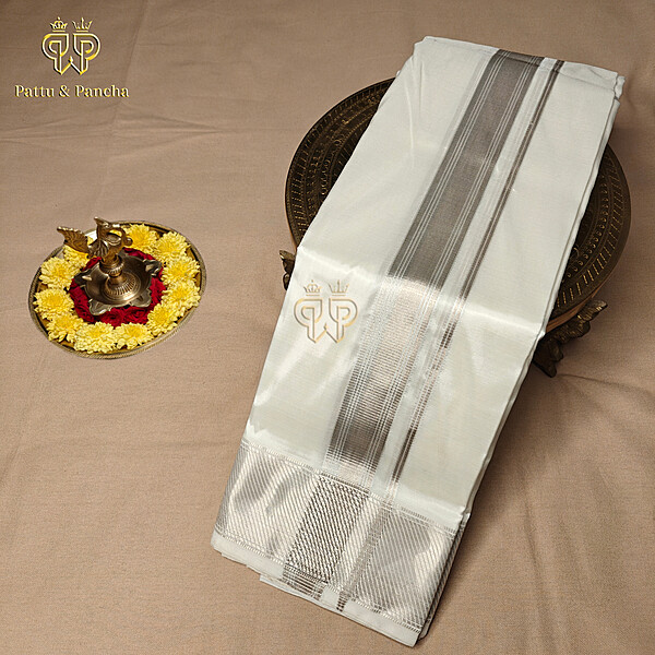 Pure Silk Blend Off White Dhoti with Silver Zari Stripes Border