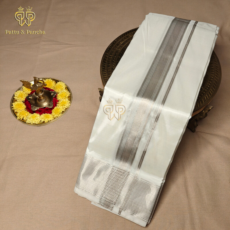 Pure Silk Blend Off White Dhoti with Silver Zari Stripes Border