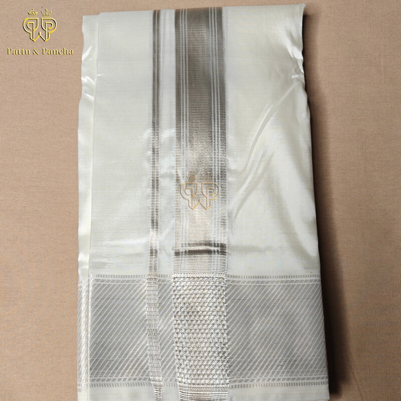 Pure Silk Blend Off White Dhoti with Silver Zari Stripes Border