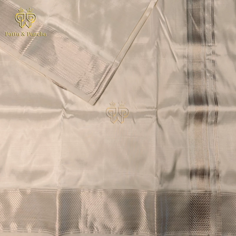 Pure Silk Blend Off White Dhoti with Silver Zari Stripes Border