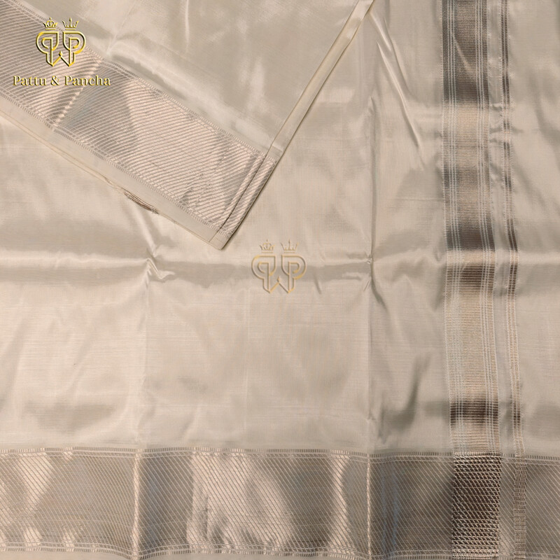 Pure Silk Blend Off White Dhoti with Silver Zari Stripes Border