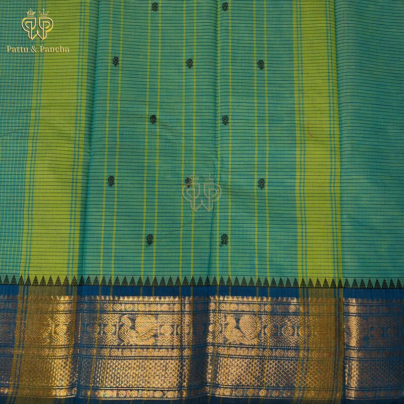 Kanchi cotton Aqua Green saree with woven checks with Black Buttas and royal blue temple zari border