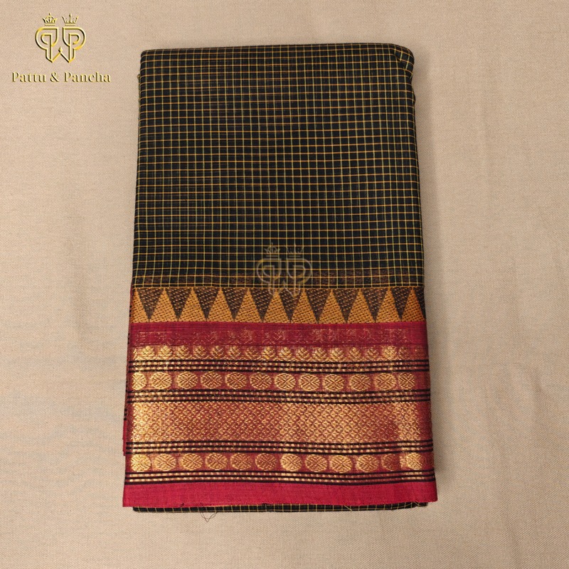 Kanchi Cotton Black saree with mustard checks and maroon temple zari border