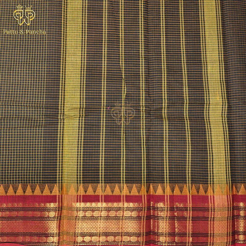Kanchi Cotton Black saree with mustard checks and maroon temple zari border