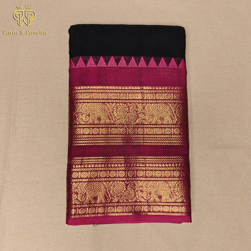 Kanchi Cotton Black Saree with Pink and Gold Zari Border
