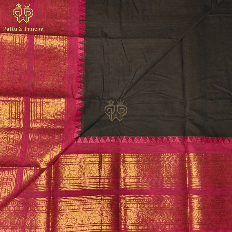 Kanchi Cotton Black Saree with Pink and Gold Zari Border