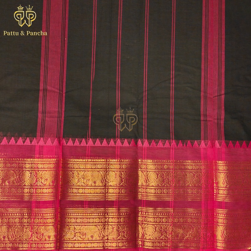 Kanchi Cotton Black Saree with Pink and Gold Zari Border