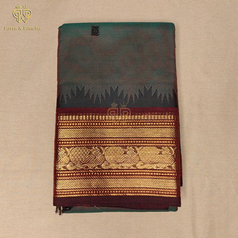 Kanchi Cotton Bottle Green and Coffee Brown Saree with Buttas and Zari Border