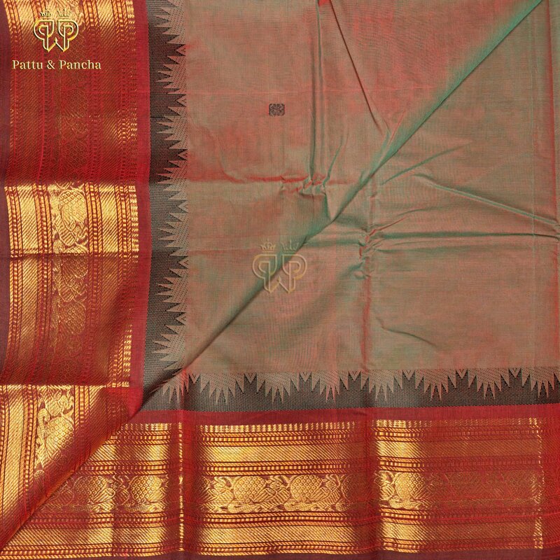 Kanchi Cotton Bottle Green and Coffee Brown Saree with Buttas and Zari Border