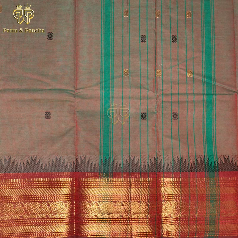 Kanchi Cotton Bottle Green and Coffee Brown Saree with Buttas and Zari Border